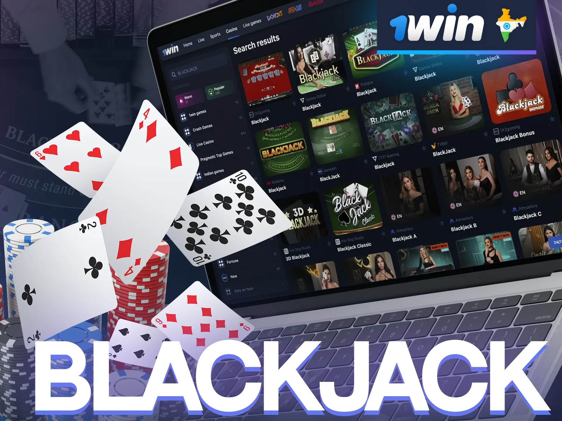 Collect 21 points and win blackjack at 1win.