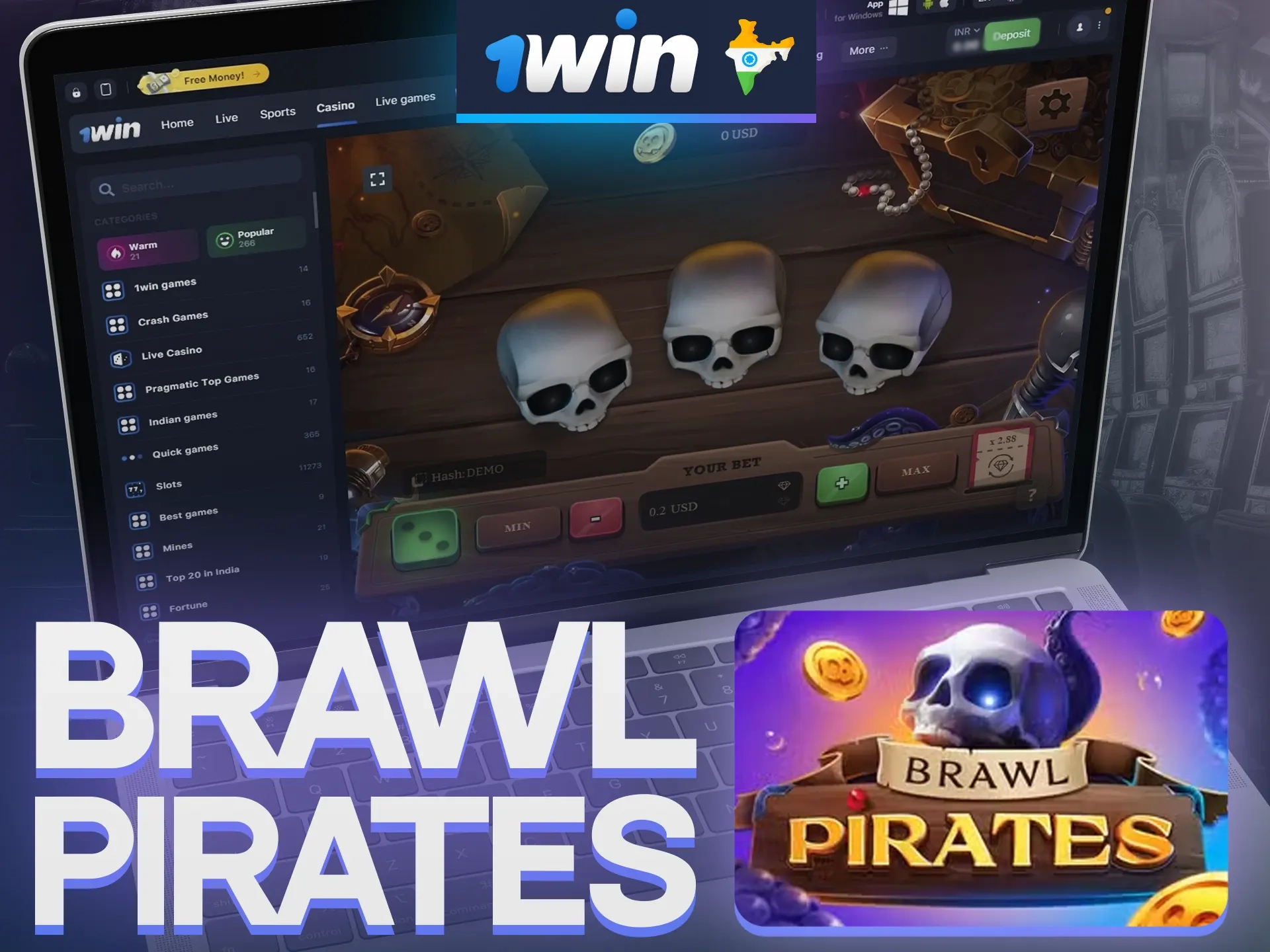 Play at 1win Brawl Pirates and earn money after deposit.