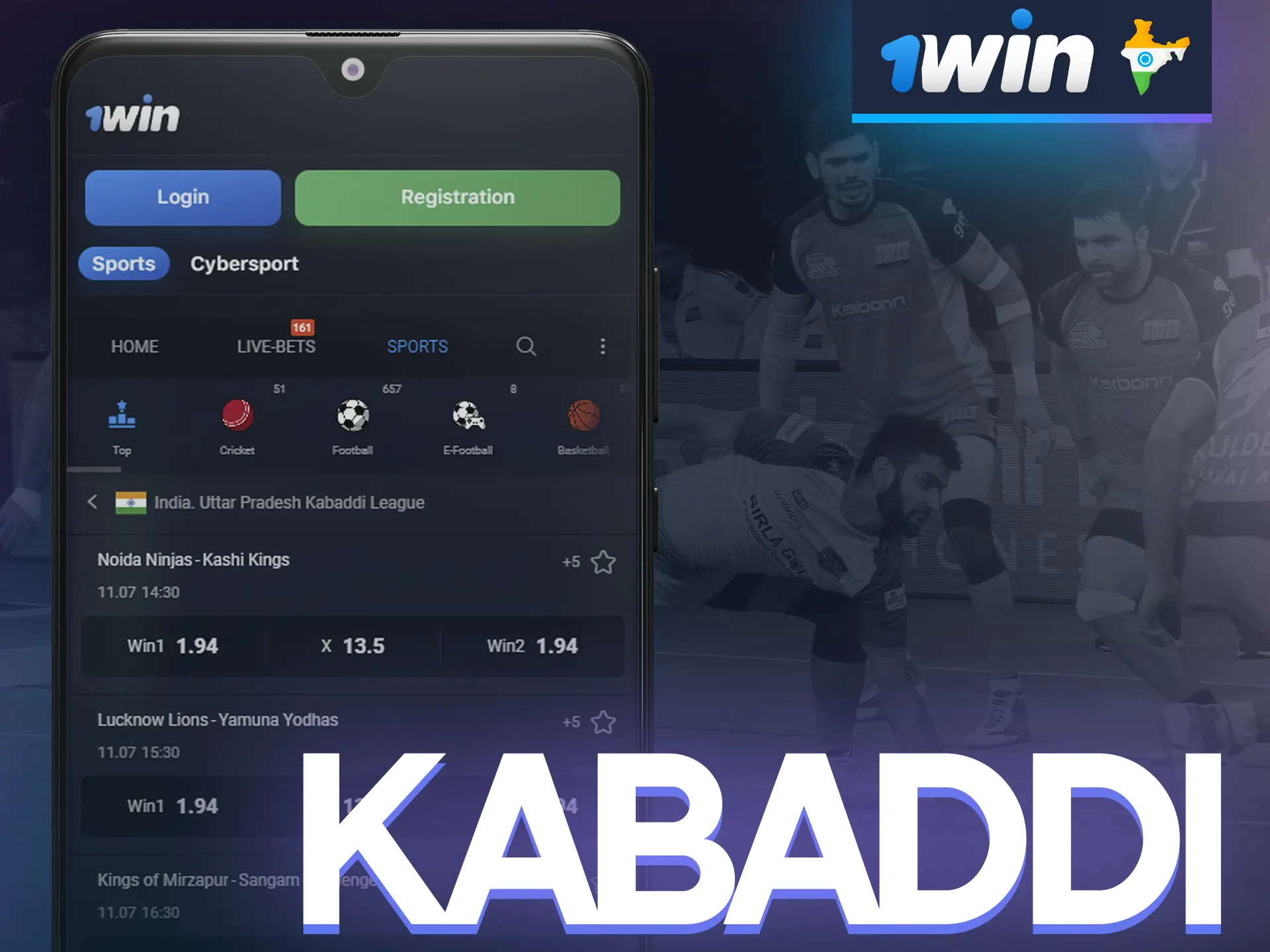 Place a bet on kabaddi betting in 1win mobile app for Android and iOS.