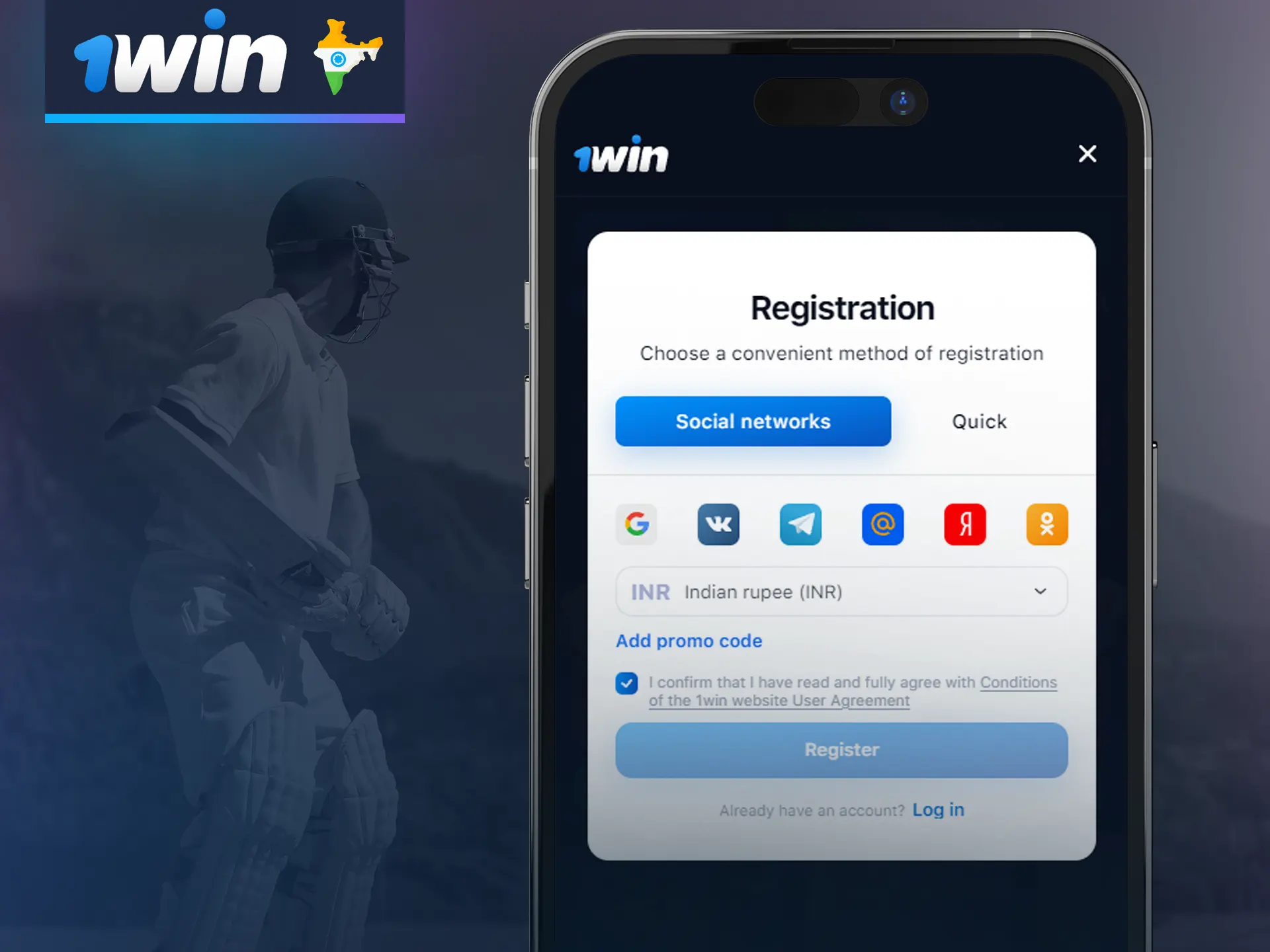 Sign up an account at 1win app for mobile phones.