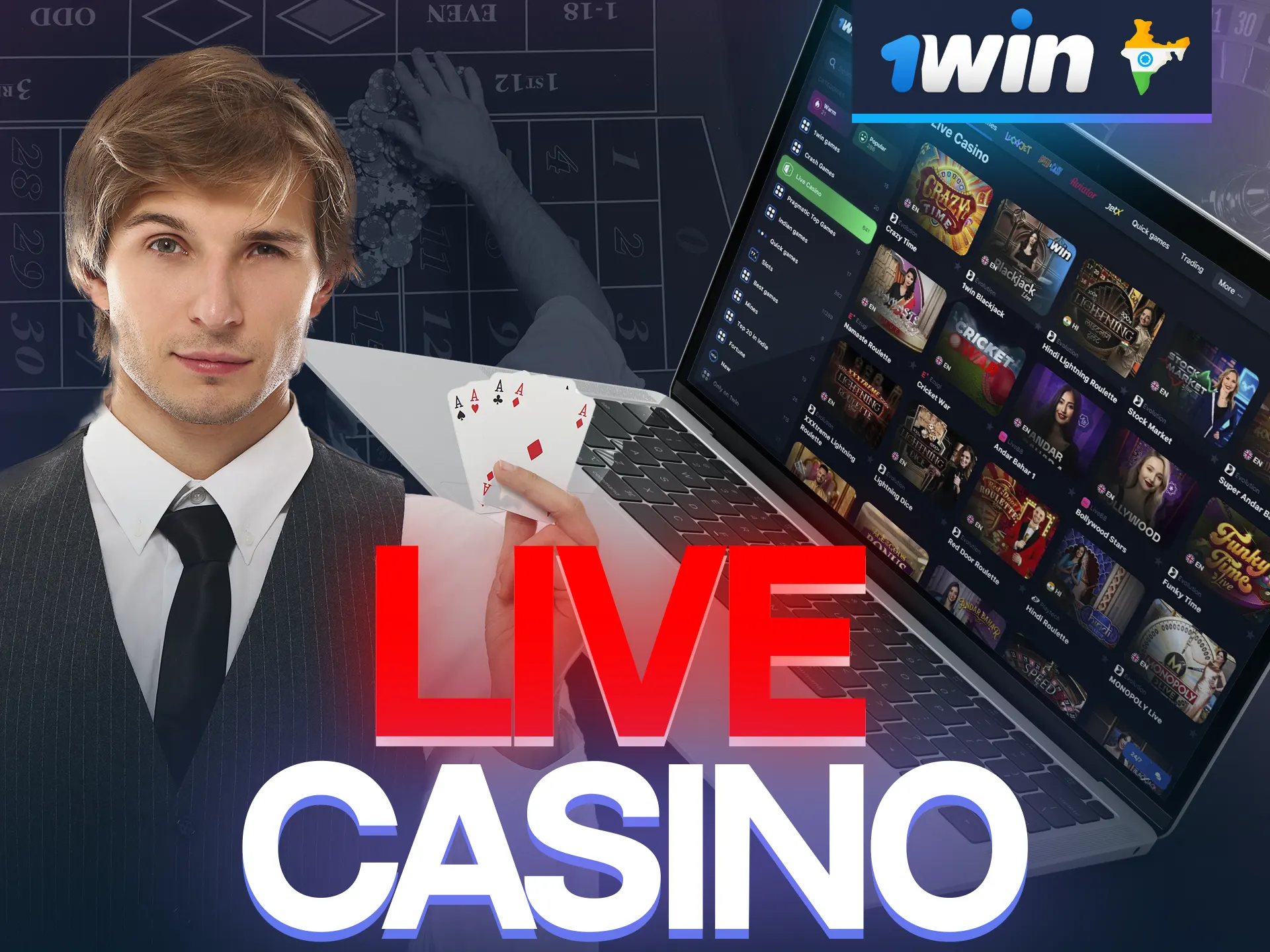 Play casino games with live dealer at 1win website.