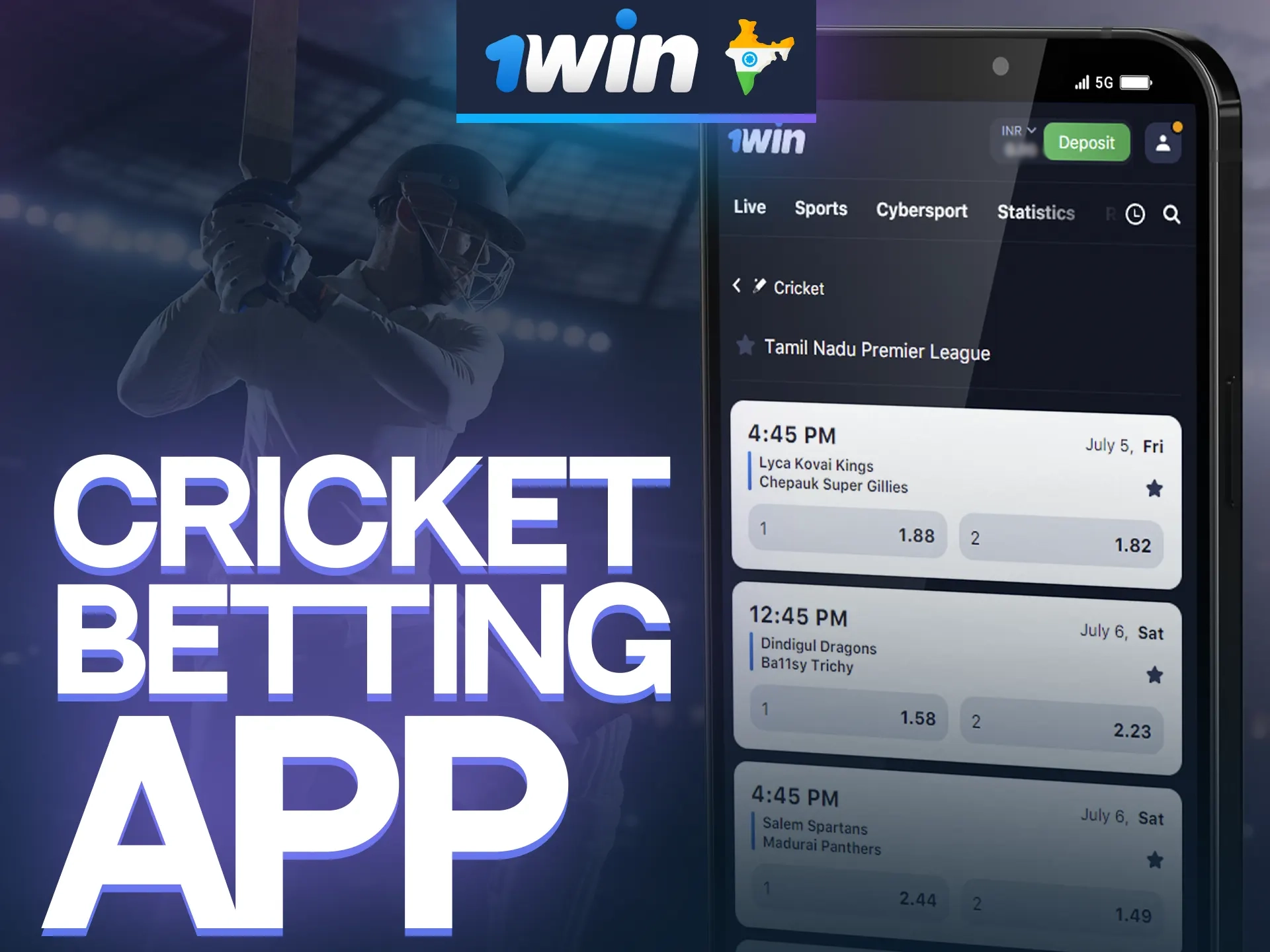 Download 1win Android or iOS app for cricket betting at smatphone.