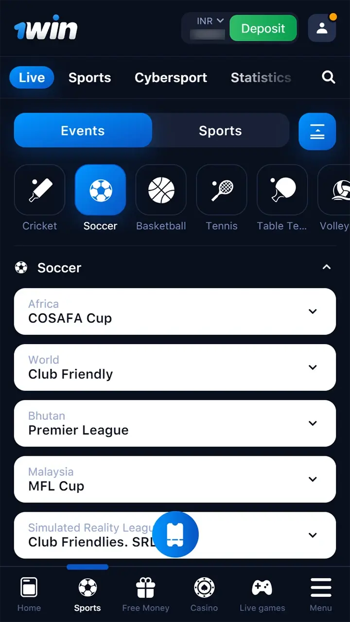 Find the match you need and launch in the 1win app.