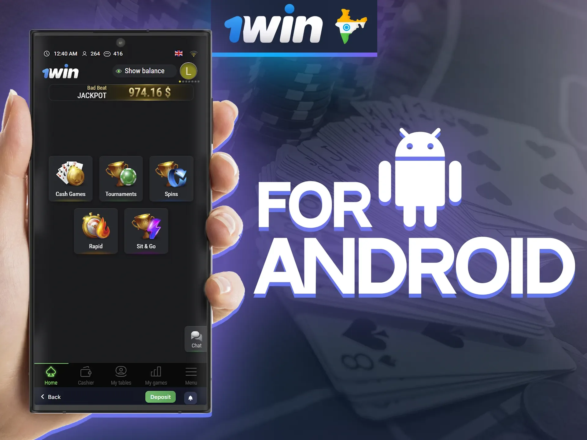 Become a winner in the Poker game in the 1win mobile app for Android.