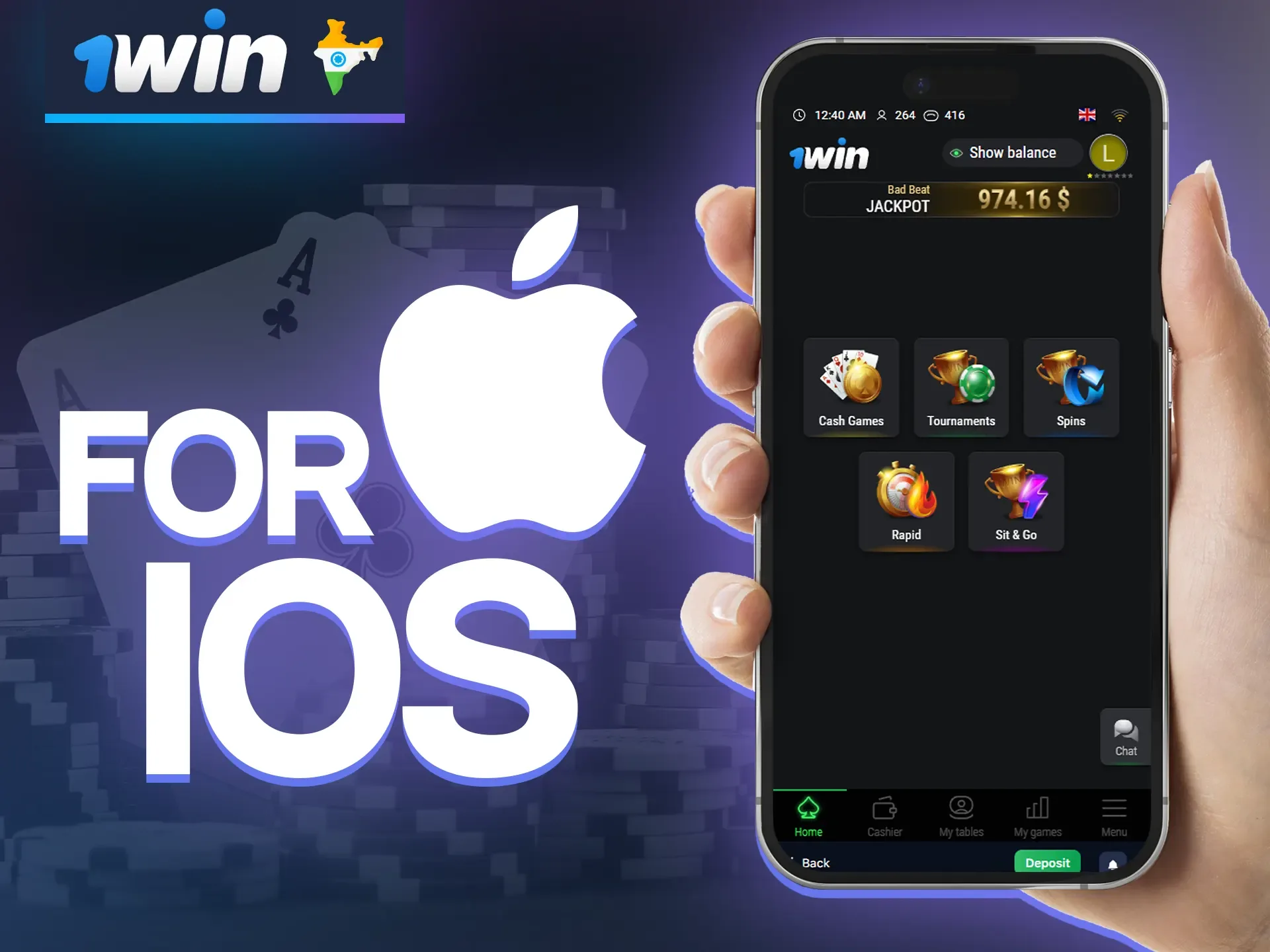 Play Poker from anywhere in the world via 1win iOS apps.