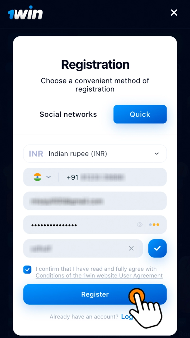 Complete your account registration in India at 1win.