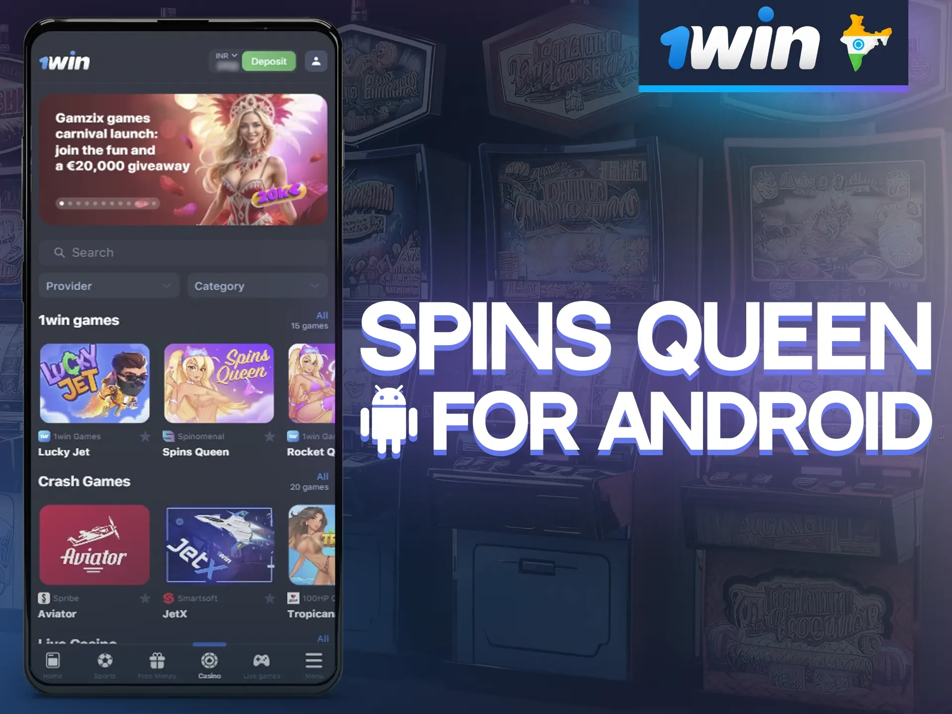 The Spins Queen game is available on Android devices thanks to the 1win app.