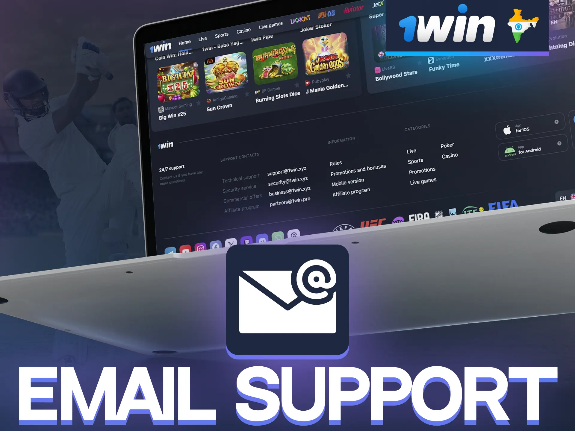 You can contact in the classical way by writing to 1win email.