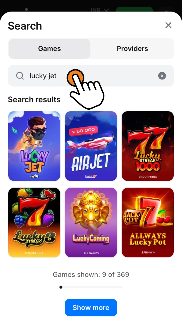 Find Lucky Jet game using the search function at 1win.