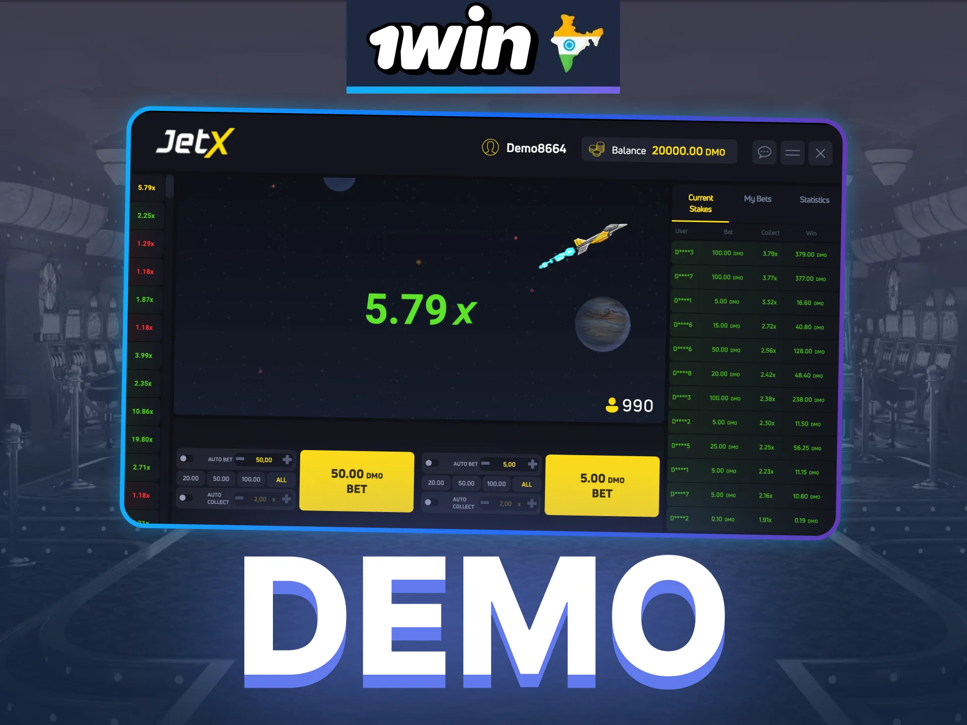 To try playing JetX at 1win without using real money, choose the demo mode.