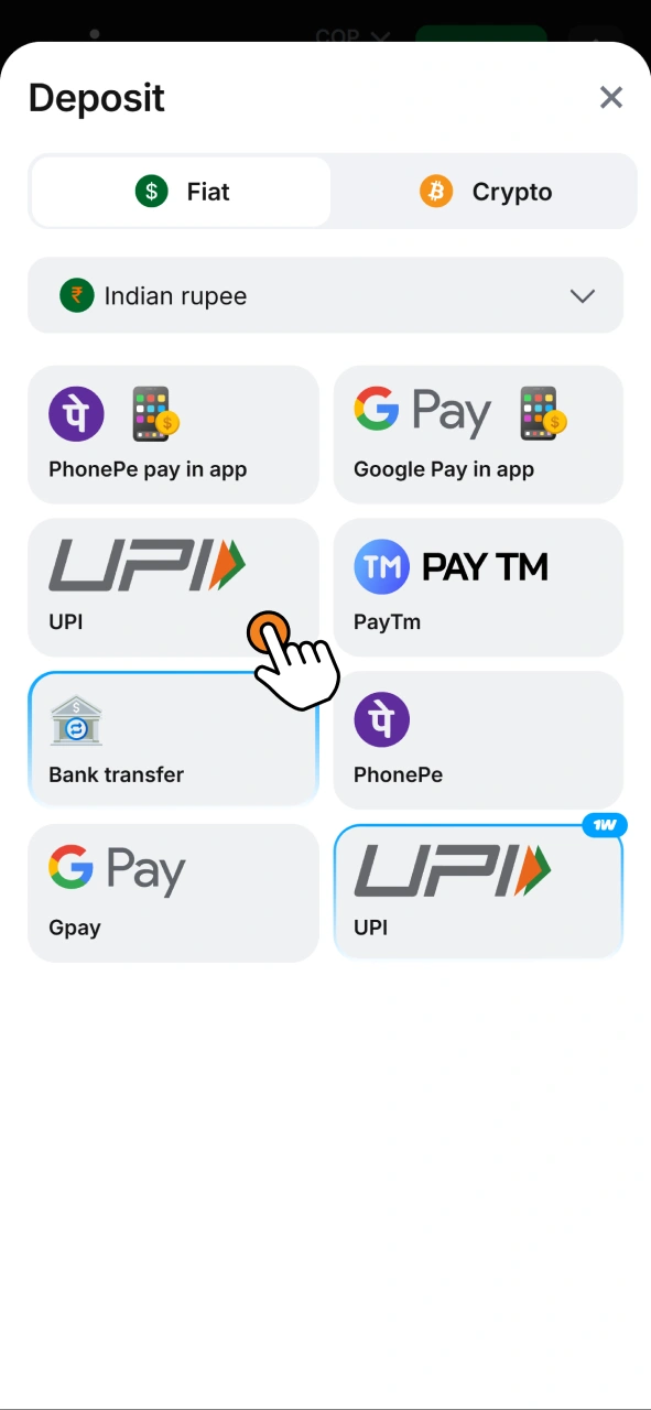 Select your preferred payment method to deposit funds at 1Win.