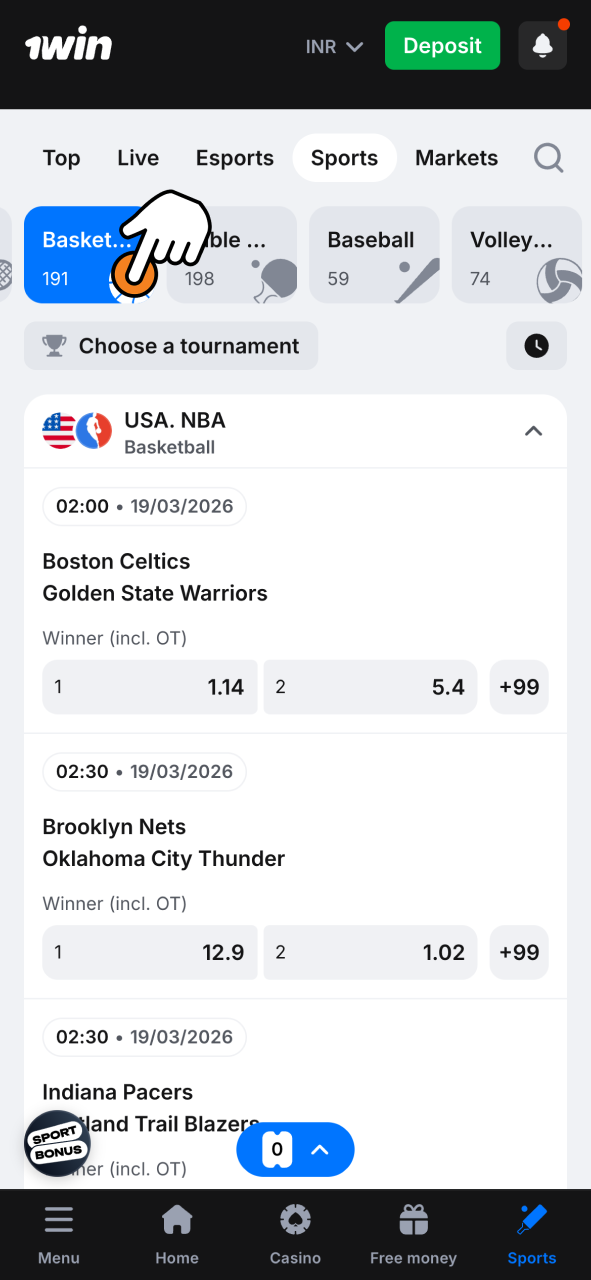 Log in to 1Win and access basketball betting fast with an intuitive and simple layout.